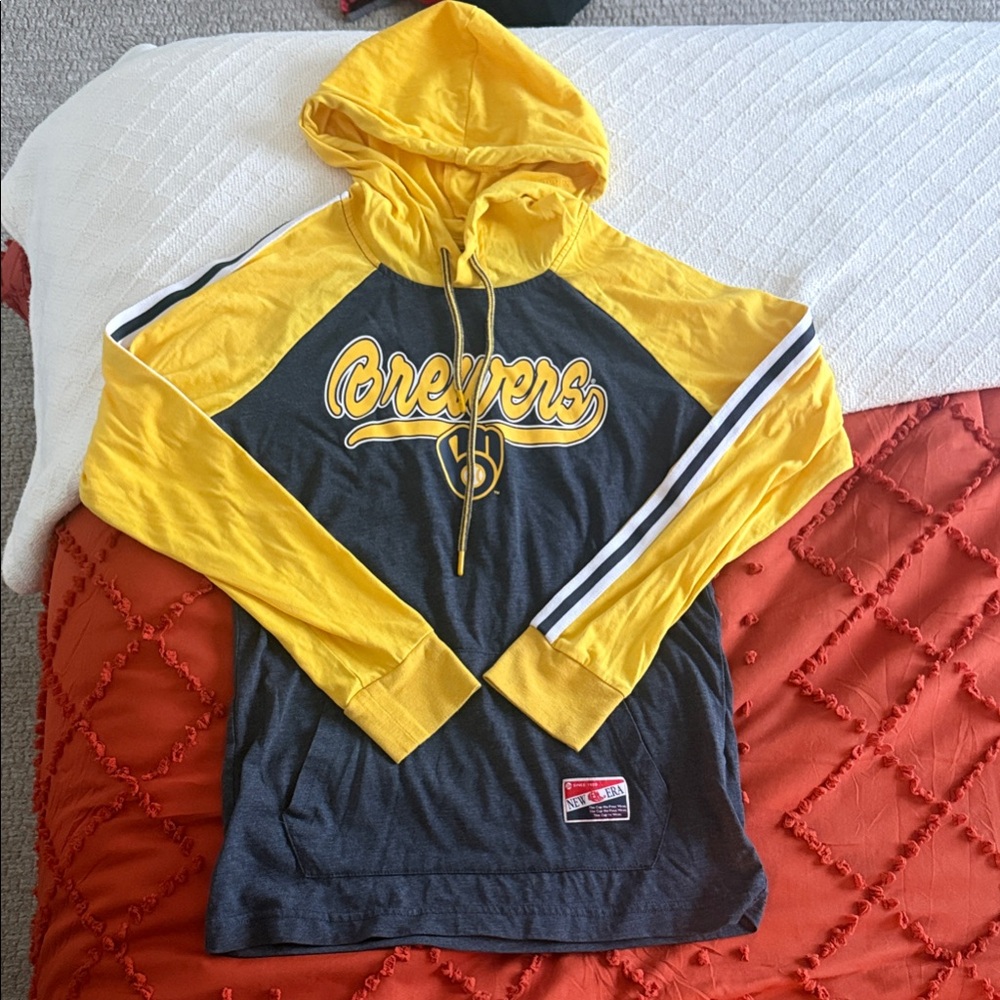 New Era Milwaukee Brewers Yellow and Black Men's Hooded tee shirt